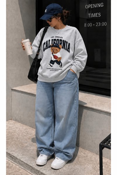 ZAVIXO Kadın Oversize California Ayıcık Baskılı Basic HOODİE Bisiklet Yaka Ra...