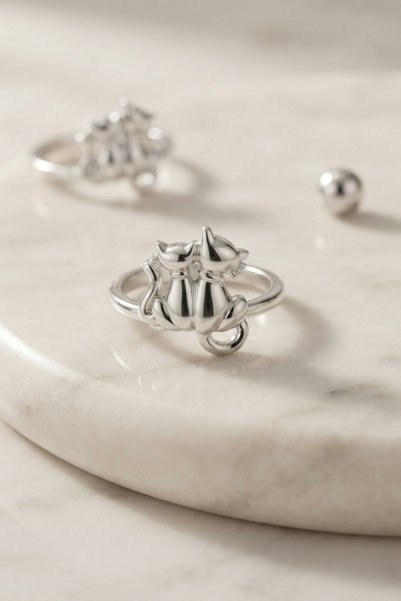 STİLLOVE Silver Color Cat Design Brass Women's Ring