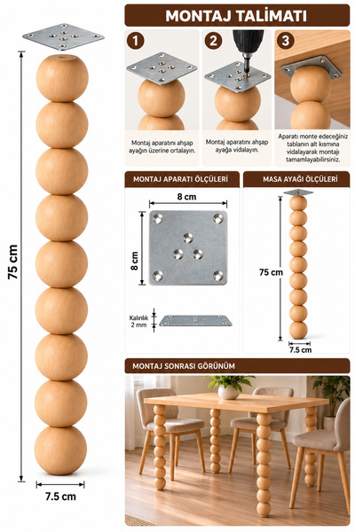 turanahşap Doğal Ahşap Boncuk Masa Ayağı 75 cm