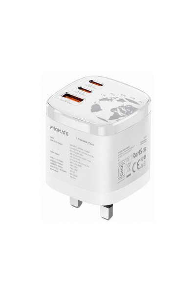 Promate 70W Universal Travel Charger, Fast Charger with Rotating Multi-Plug Design, UK 3-Pin, EU 2-Pin, USA and AU Plug Support, Dual USB-C PD, Ultra-Compact International Charger (TripMate-70Uni)
