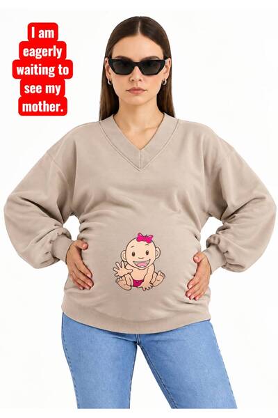 HELLO ROMA 3 Yarn Combed Cotton Hand-Shaking Baby Printed Pregnant V-Neck Swe...