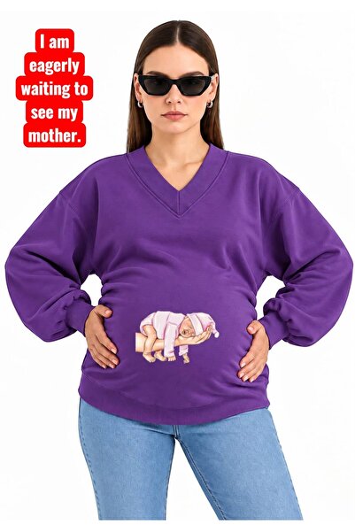 HELLO ROMA 3 Yarn Combed Cotton Hand-Printed Baby Printed Pregnant V-Neck Swe...