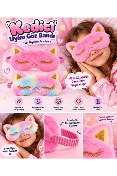 BUCHE Kedi Kulaklı Peluş Uyku Göz Bandı | Çocuk Kız Çocuk Yumuşak Tüylü Sevim...