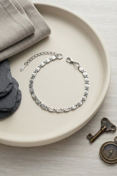 STİLLOVE 316L Steel Silver Color Crushed S Chain Model Men's Bracelet