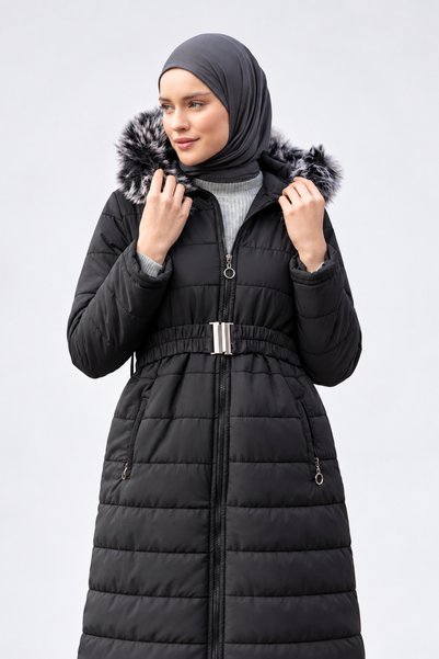 ZELASU Women's Hijab Long Coat Fur Hooded Belted Pocketed Zippered Winter Quilted Coat