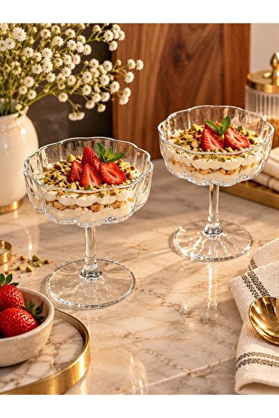 morponi Set of 2 Transparent Glass Footed Dessert Bowls - Wavy Design Magnoli...