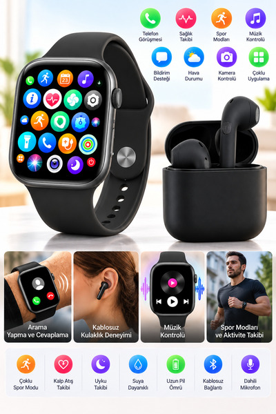 Happy Owl Akıllı Saat ve Kablosuz Bluetooth Kulaklık 2'li Set – Arama Özellikli, Spor ve Sağlık Takibi, Dokunmatik Ekran – Yedek Silikon Kordon Hediyeli
