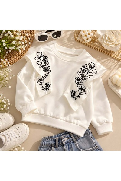Lolliboomkids Girl's Shoulder Ruffle Floral Embroidered Knitted Sweatshirt wi...
