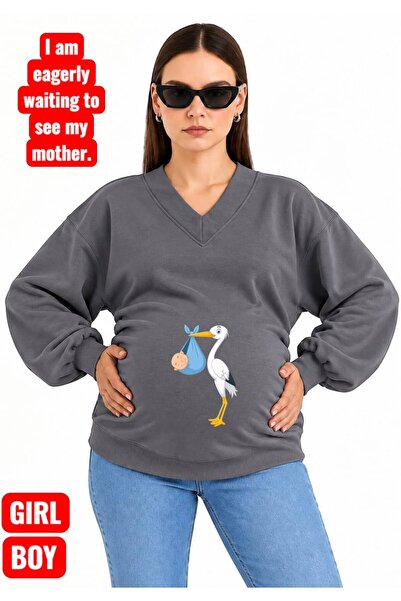 HELLO ROMA 3 Yarn Combed Cotton Baby-Praying Stork Printed Pregnant V-Neck Sw...