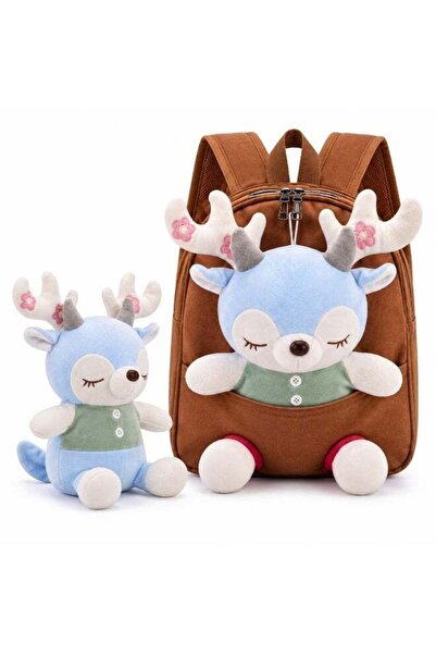 Generic Plush Backpack with Little Blue Deer Design, Blue With brown Cuddly T...