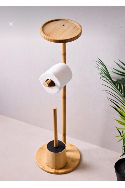 MİMOZA PARK Standlı Bambu WC Seti – Tuvalet Kağıtlığı, WC Fırçası ve Üst Raflı Banyo Düzenleyici Stand BOY 74 CM