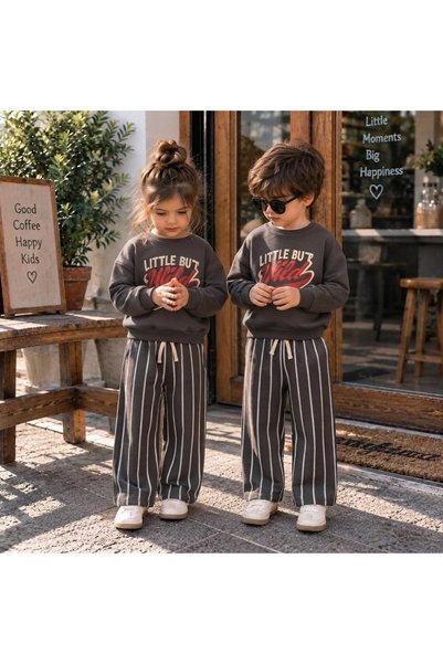 Little But Wild Baskılı Sweatshirt Erkek&Kız Çocuk Antrasit Çizgili Eşofman Alt Üst 3İp Takım