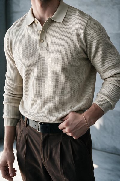 MENOFOURSWEAR Arezzo Erkek Old Money Çizgi Dokulu Uzun Kollu Polo Yaka Triko ...
