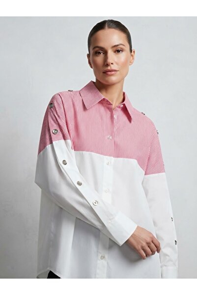 Pembe Beyaz Çizgili Detaylı Düğmeli Oversize Gömlek - Sokak Modası & Günlük Şık Tasarım