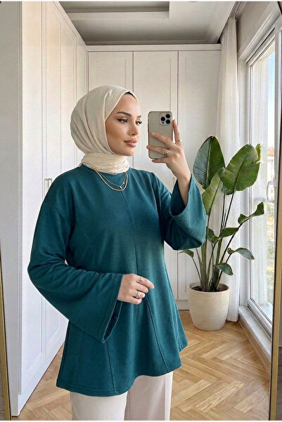 Kirazca Butik Women's Tie-Back Flounce Cut-Out Cuffed Hijab Tunic Blouse 70 cm