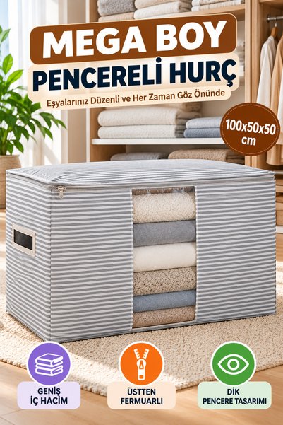 OpenCity Gri Çizgili Mega Boy Pencereli Hurç 100x50x50 cm Yorgan Battaniye Kı...