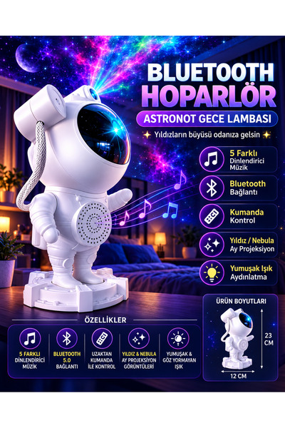 QAR Astronot Yıldızlı Gökyüzü Projeksiyon Lambası Hoparlörlü Renkli LED Gece ...