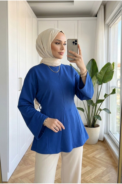 Kirazca Butik Women's Tie-Back Flounce Cut-Out Cuffed Hijab Tunic Blouse 70 cm