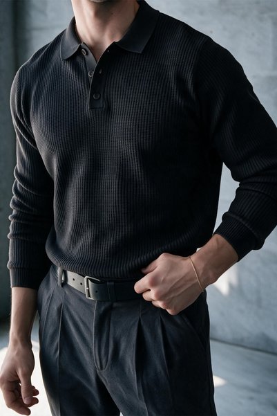 MENOFOURSWEAR Arezzo Erkek Old Money Çizgi Dokulu Uzun Kollu Polo Yaka Triko ...