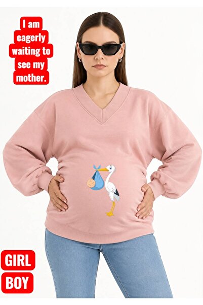 HELLO ROMA سويت شيرت للأمهات بياقة على شكل حرف V مطبوع عليه طائر الطنان مصنوع...