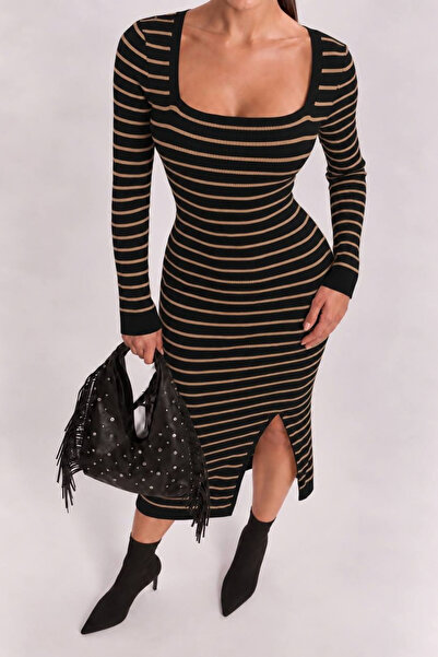 oshebu Women's Square Neck Striped Knitwear Dress