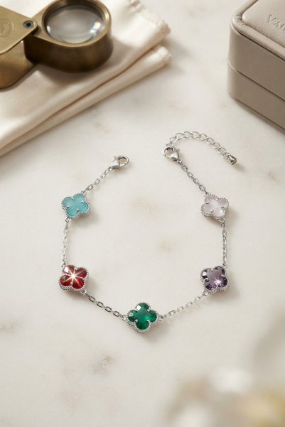STİLLOVE Colorful Crystal Stone Silver Color Clover Model Women's Bracelet