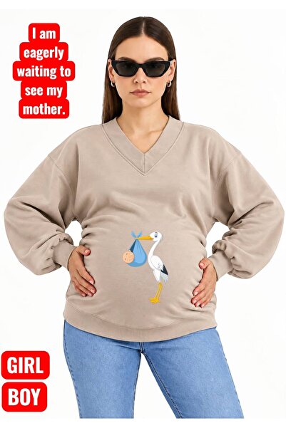 HELLO ROMA 3 Yarn Combed Cotton Baby-Praying Stork Printed Pregnant V-Neck Sw...