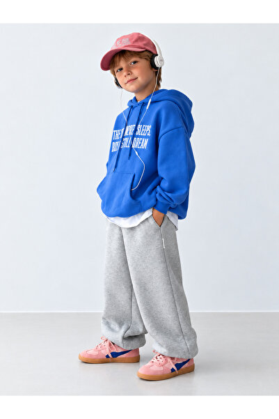 Machetta Çocuk Oversize Never Sleeps Kapüşonlu Sweatshirt Gri Bol Paça Eşofman Altı Takımı