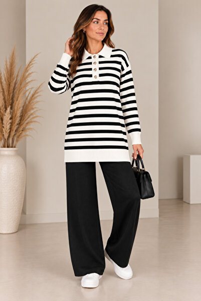 CNR TEKSTİL Women's Striped Shirt Collar Buttoned Oversize Knitwear Set