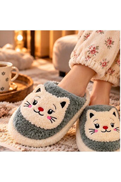 Kadın Peluş Kedi Desenli Kışlık Ev Terliği
