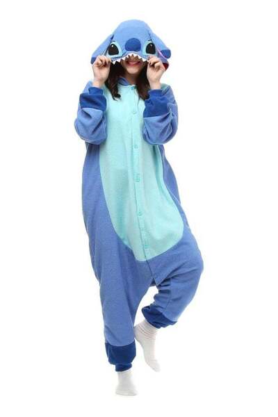 Generic Adult Stitch-Inspired Blue Onesie Costume – Hooded Character Pajama J...