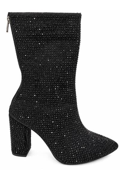 PAPUCUMUN DÜNYASI Women's Shiny Stone Detailed Back Zipper Easy-To-Wear Thick Heeled Short Boots