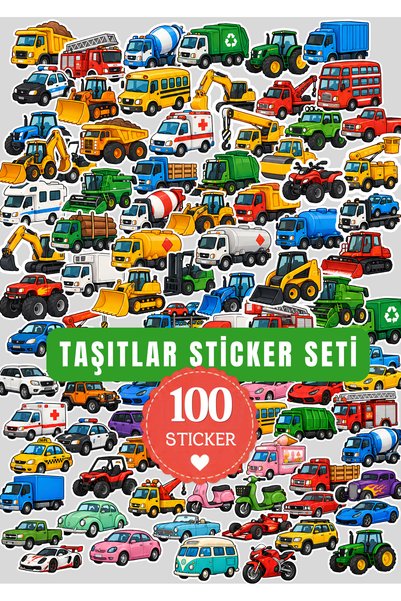 BieneGift 100 Adet Taşıtlar Etiket Seti, Arabalar, İş Makinaları, Kamyonlar S...