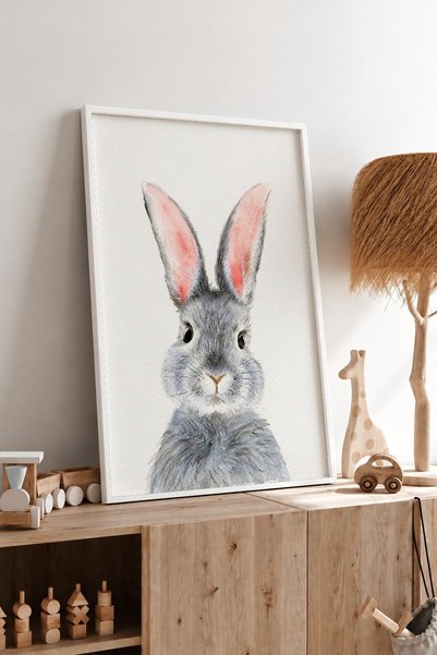 KEYFHOME Tablou MDF cu rama de iepure gri Poster Decor de perete pentru camer...