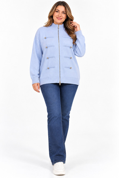 bezeXL Plus size button-accessory zip-up knit cardigan - blue
