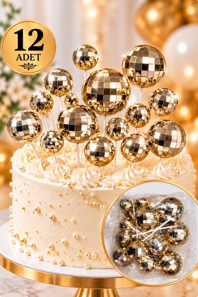 eğlencemarketi 12’li Disko Top Pasta Süsü Seti – Aynalı Küre Cake Topper Doğu...