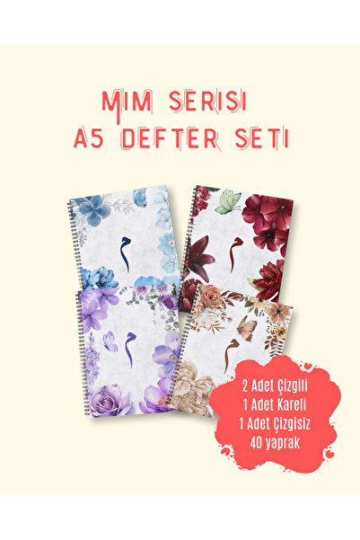Mim Serisi Çiçekli ve Hat Sanat Detaylı A5 Spiralli Defter Seti (4lü Karma Paket)