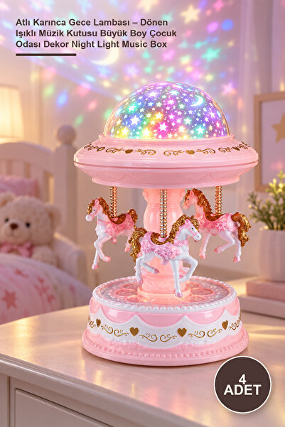 4 Adet Atlı Karınca Gece Lambası – Dönen Işıklı Müzik Kutusu Büyük Boy Çocuk Odası Dekor Night Light Music Box