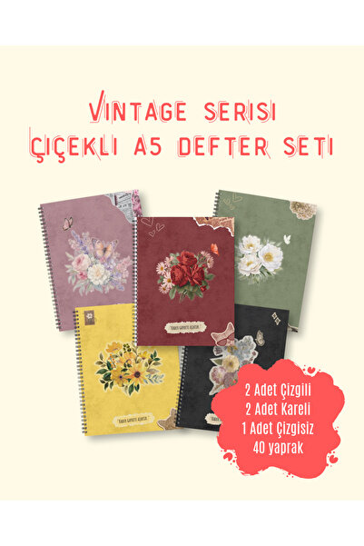 Vintage Serisi Çiçekli A5 Defter Seti