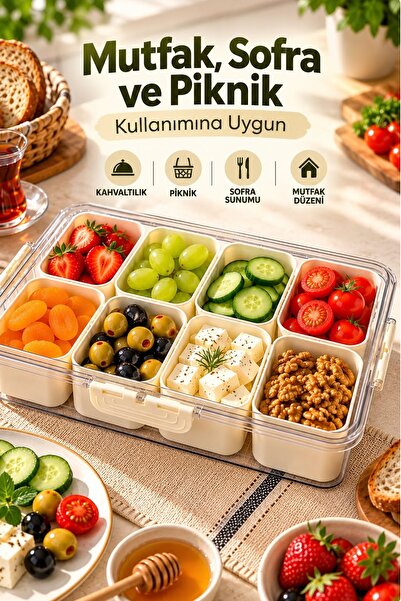 Kitchen Beauty 8 Bölmeli Kahvaltılık Sunum Seti Çıkarılabilir Bölmeli Kilitli Kapaklı Taşınabilir Saklama Kabı