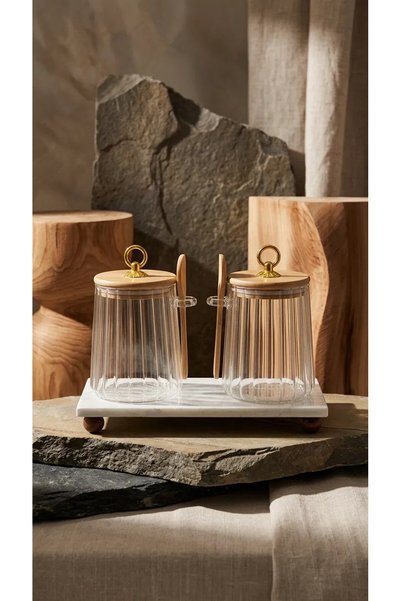 LeylArt 2-Piece Borosilicate Glass Jar with Marble Stand, Ring Lid, Striped Spoon, and Kitchen Set 650 ml Dr5