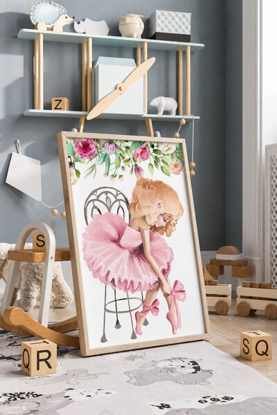 KEYFHOME Poster de tablou MDF cu rama roz balerină pentru fete, decor de pere...