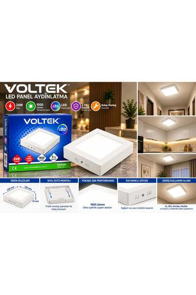 Voltek 24W Kare LED Panel Armatür 1920 Lümen Beyaz Sıva Üstü Tavan Aydınlatma – 2 Yıl Garantili
