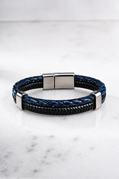 Nereze Chrome Plated Blue Mesh Herringbone Model Men's Leather Bracelet