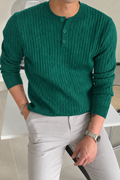 GENIUS STORE Men's Ribbed Henley Collar Knitwear Sweater Regular Fit Buttoned...