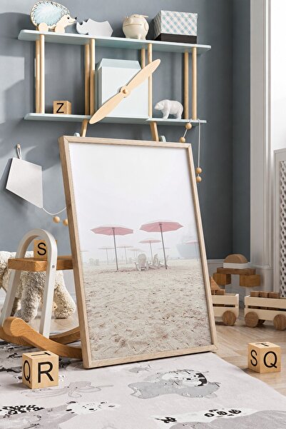 KEYFHOME Roz Umbrelă Minimalistă Coasta de mare Încadrat MDF Tablou Poster Li...