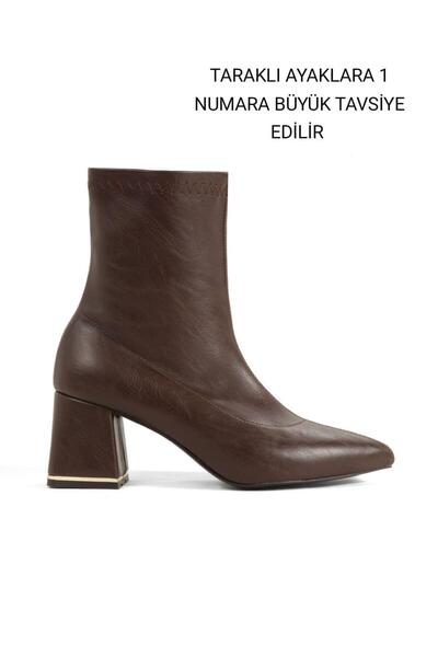 Y ESMA Brown Leather Stretch Boots with Pointed Toe, 6 cm Covered Heel, Galvanized Detail, New Season.