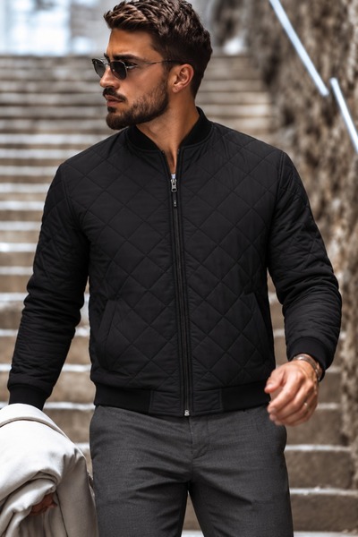 comstar Men's Quilted Bomber Zippered Black Jacket