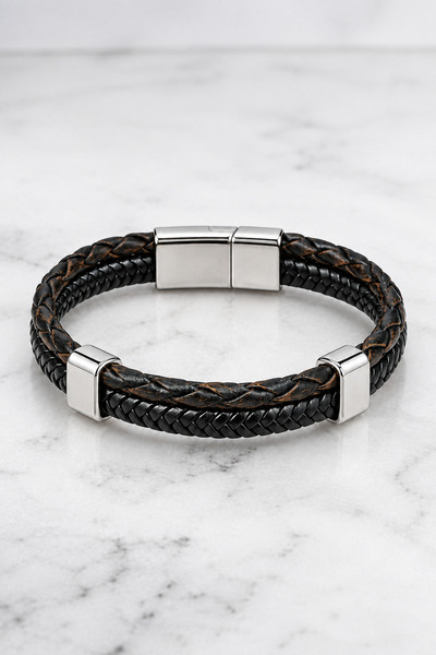 Nereze Chrome Plated Fish Scale Model Men's Leather Bracelet