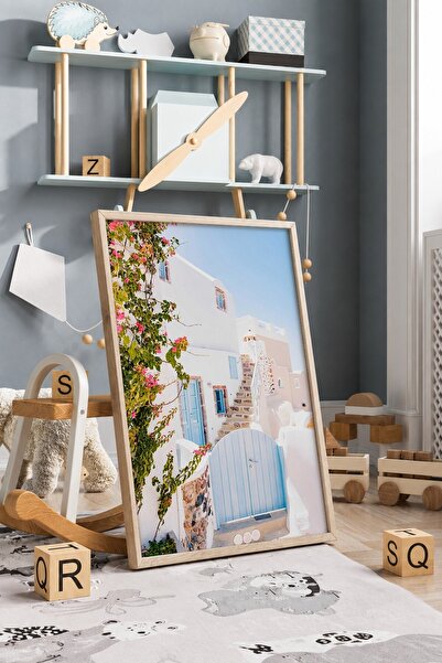 KEYFHOME Santorini Bela kuća Plava vrata Uramljeni MDF poster slika Dekoracij...